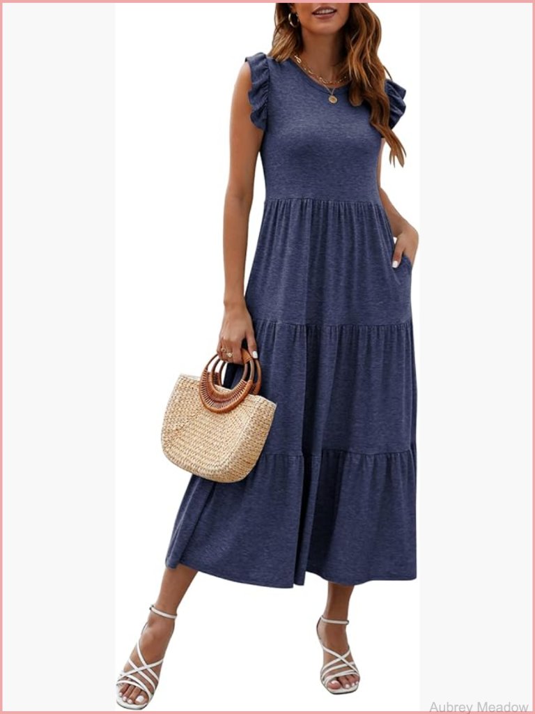 Sleeveless Maxi Dress Ruffle Flowy A-Line Tiered Casual Sundress With Pockets